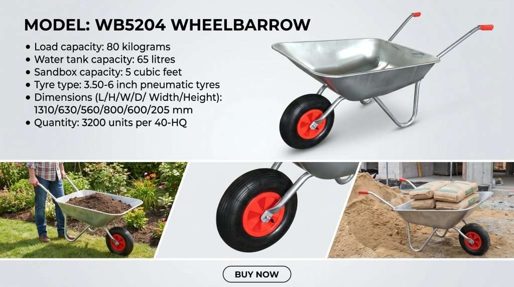 Heavy duty WB5204 metal wheelbarrow reinforced frame on white background.