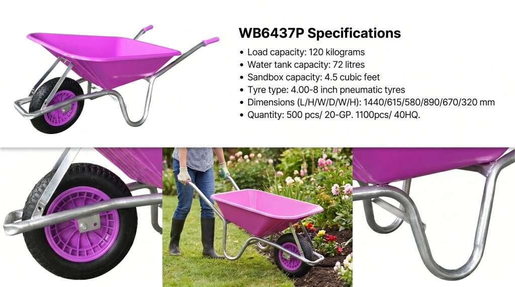 WB6437 European style plastic tray wheelbarrow with 4.00-8 pneumatic tire on white background.