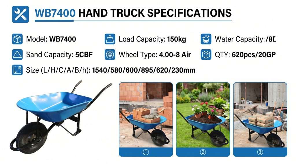 WB7400 heavy duty construction wheelbarrow with 150kg load capacity on white background.